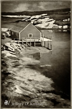 Lone Wharf - BW Color - A solitary wharf is positioned near the entrance of Peggy's Cove, in Nova Scotia Canada.