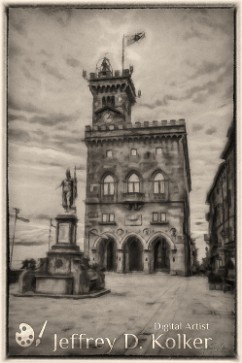 San Marino (BW) Color - The City Hall (Palazzo Pubblico) and official government building of the Republic of San Marino. It is one of the 5 microstates in Europe, with a...