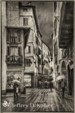 Walking in the Rain - Bergamo (BW) Color - Walking in the rain in the Citta Alta (Upper City) of Bergamo. The Upper City, with it's Venetian Works of Defense built from the 15th - 17th centuries,...