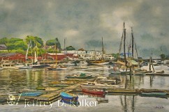 Camden, Maine the harbor of Camden, Maine on a cloudy day. Camden is located on Penobscot Bay in the MidCoast region.