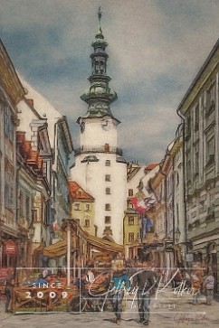 Bratislava Street Scene 2 A street scene from Old Town, Bratislava, Slovakia. In the back is Michael’s Gate, a tower/gate that was used as part of the fortifications of the city starting...