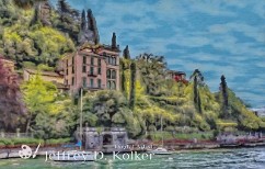 Varenna's Walk of Lovers B&W - A portion of Varenna's Walk of Lovers (with its distinguishing red fence), as it is cantilevered over the waters of Lake Como. Lake Como, in the Alps of...