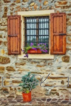 Window in a Stone Wall An open-shuttered window reflects the blue sky and Alpine foothills of northern Italy. Flowers and bushes are out to give the place a homier feel.