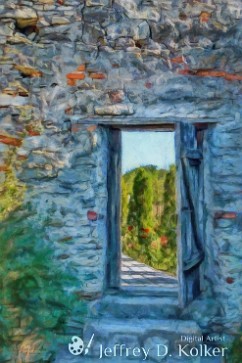 Stone Wall - Wooden Door You can see the gardens through the open wooden door on the other side of the old stone wall. It's late afternoon, and the sun is starting to go down. The...