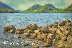 Rocks and Bubbles The rocks are in the water of Jordan Pond, the Bubbles are the 2 mountains in the upper central portion of the painting. Al of this can be found on Mount Desert...