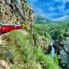 Rails Above the River This piece was commissioned by my daugher, with somewhat specific requirements. Red train cars, the engine yellow (I made it yellow-ish) and the end product to...