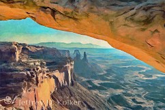 Under the Arch A view from under Mesa Arch early on a Winter's morning. Mesa Arch is on the Island in the Sky mes found in Canyonlands National Park. It's on the edge of the...