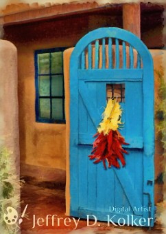 Blue Door and Peppers A bunch of dried peppers hang on a blue door.