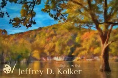 Ozark Autumn Autumn in the Ozark Mountains of eastern Oklahoma. Yellow, orange and green leaves intermix within the trees along the bank of Spring Creek. The early morning...